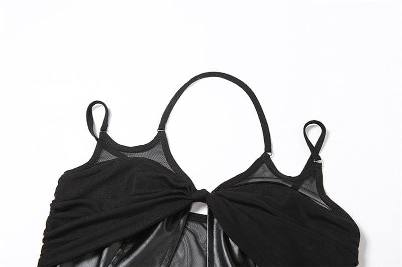 Mesh knotted PU leather patchwork halter solid v neck crop top