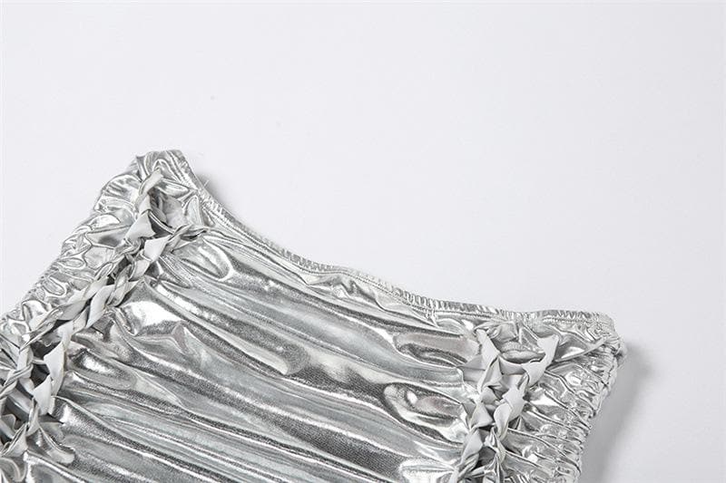 Ruched drawstring hollow out metallic self tie solid mini skirt - Final Sale