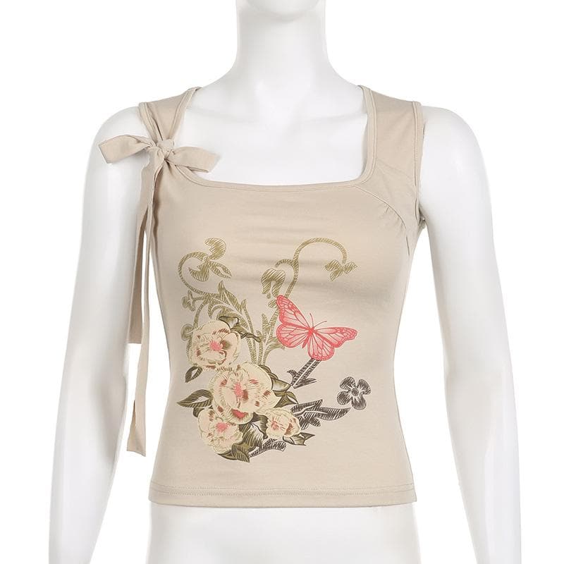 Top senza maniche con scollo quadrato e lacci a contrasto con motivo floreale 
