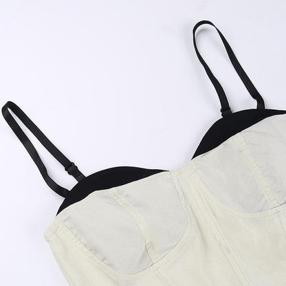 Top canotta senza schienale a contrasto con scollo a cuore e corsetto patchwork