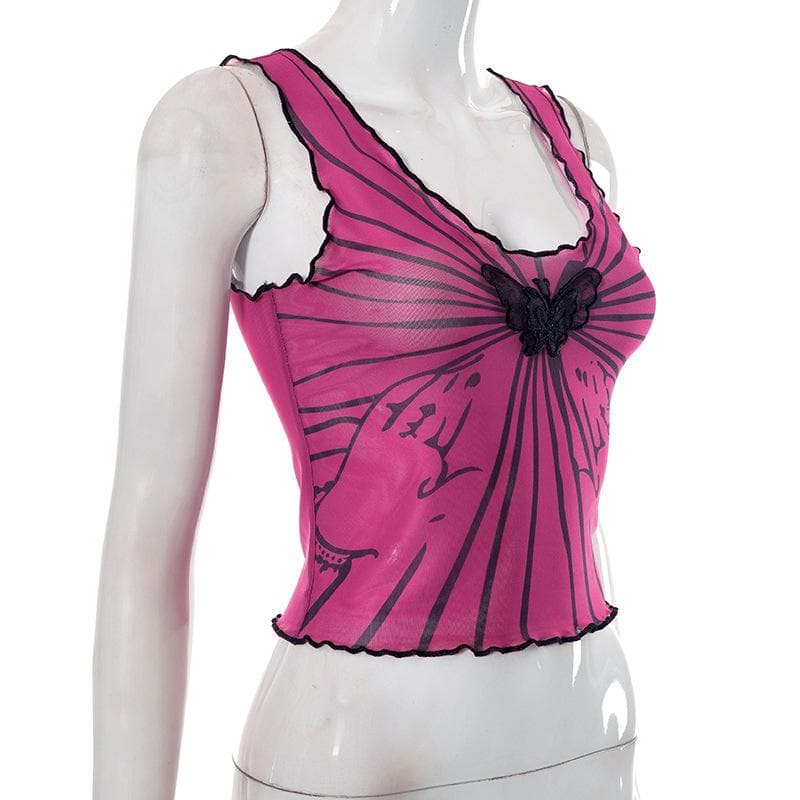 Sleeveless u neck ruffle sheer mesh see through butterfly applique top