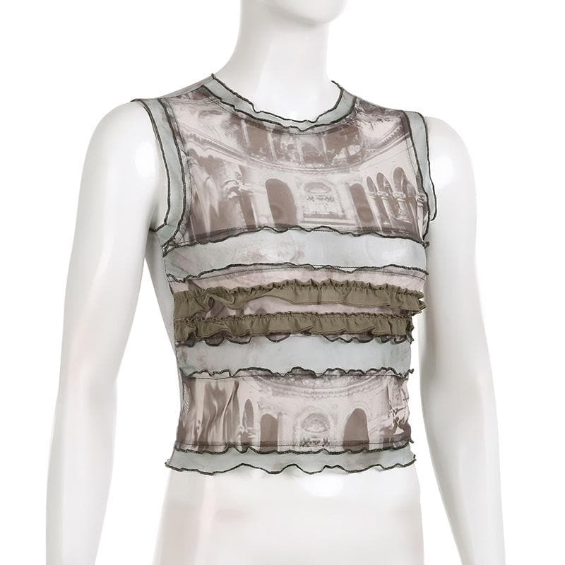 Top senza maniche a contrasto con volant a righe e patchwork in rete 