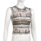 Top senza maniche a contrasto con volant a righe e patchwork in rete 