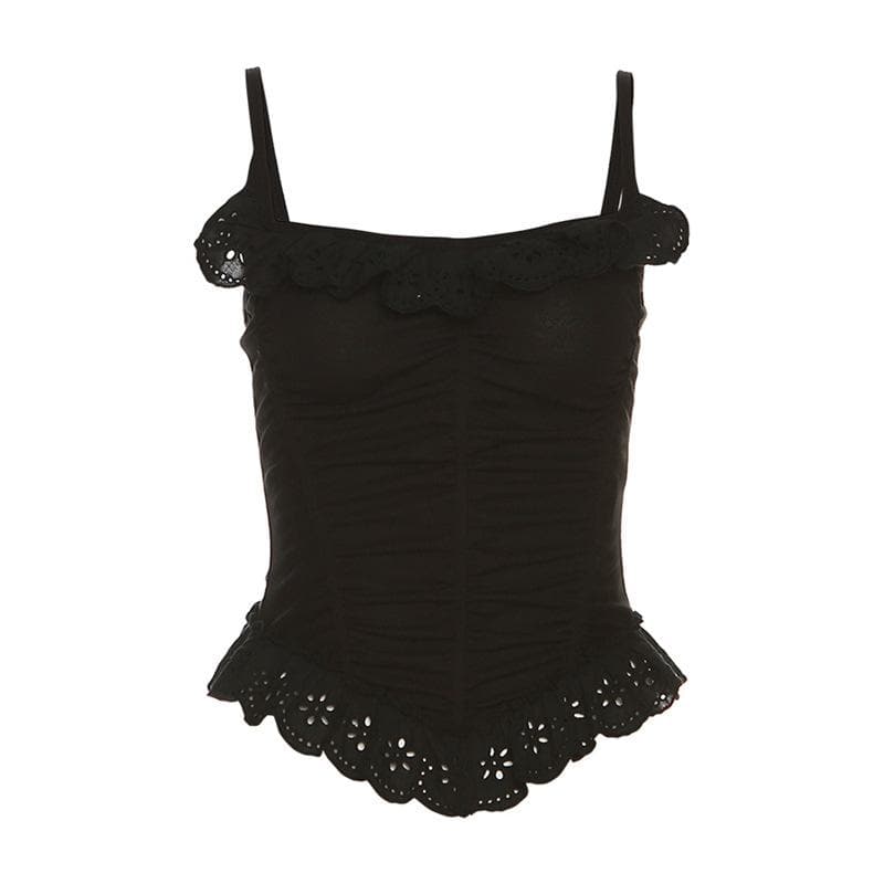 Square neck lace hem backless ruched corset solid cami top