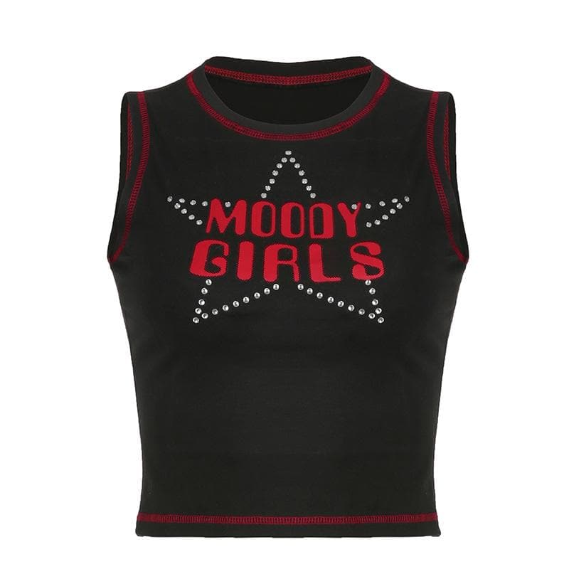Star pattern beaded contrast stitch sleeveless crop top