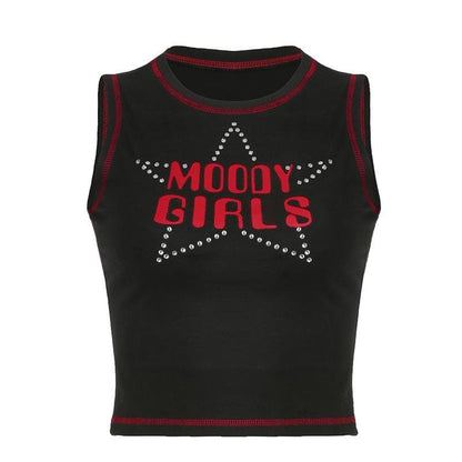 Star pattern beaded contrast stitch sleeveless crop top