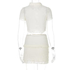 Textured button turnover collar short sleeve ruffle mini skirt set