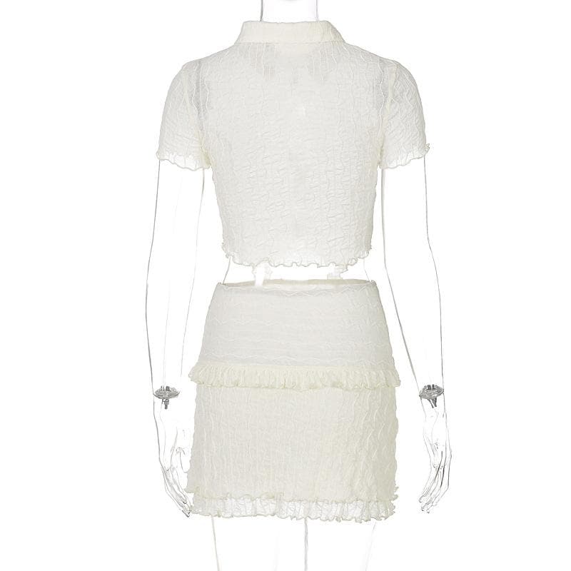 Textured button turnover collar short sleeve ruffle mini skirt set