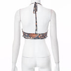 Mesh leaf pattern contrast ruched halter backless ruffle crop top - Final Sale