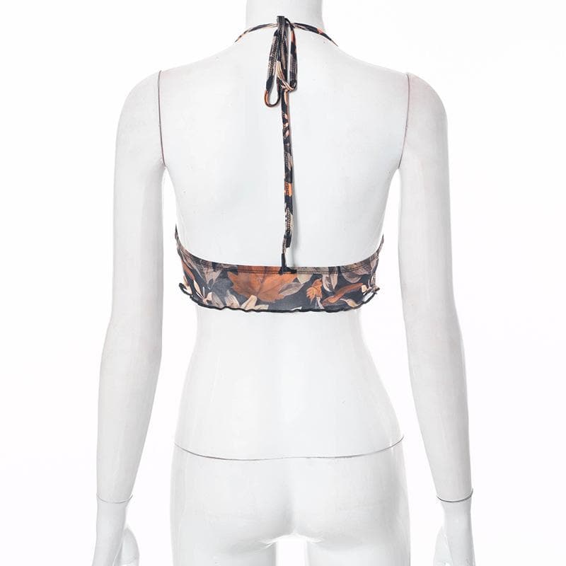 Mesh leaf pattern contrast ruched halter backless ruffle crop top - Final Sale