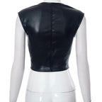 Solid PU leather cap sleeve button corset low cut top