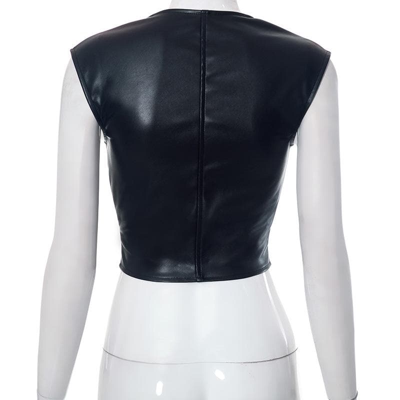 Top scollato con maniche a cappuccio e bottoni in pelle PU solida 