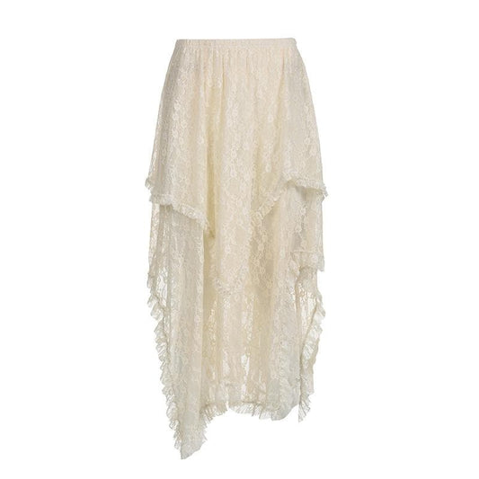 Irregular lace ruffle solid midi skirt