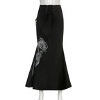 Dragon pattern lace up contrast lace hem maxi skirt