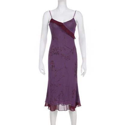 Mesh-Blumendruck, Rüschen, Reißverschluss, Patchwork, V-Ausschnitt, Camisole-Midikleid 