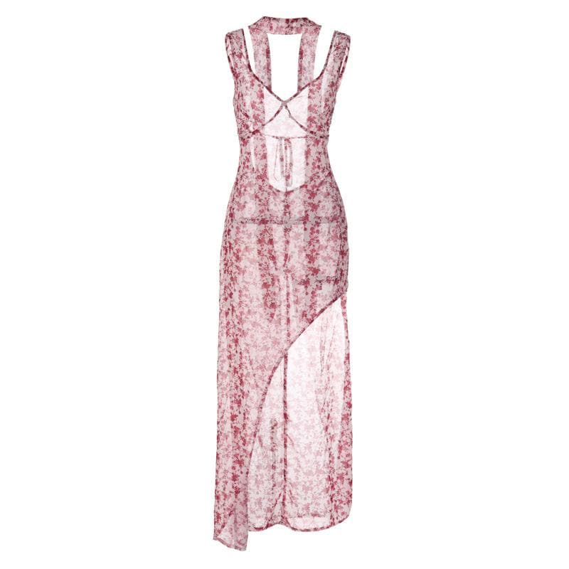 Abito lungo senza maniche con scollo a V e schiena scoperta a contrasto con stampa floreale in chiffon 