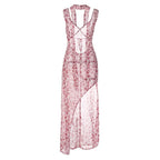 Abito lungo senza maniche con scollo a V e schiena scoperta a contrasto con stampa floreale in chiffon 