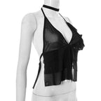 Neckholder-Crop-Top aus transparentem Netzstoff mit Rüschen und V-Ausschnitt 