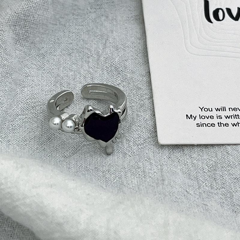 Offener Ring mit Herz-Lava-Silberperle 