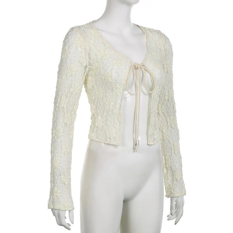 Lace solid long sleeve self tie see through top