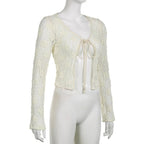 Lace solid long sleeve self tie see through top
