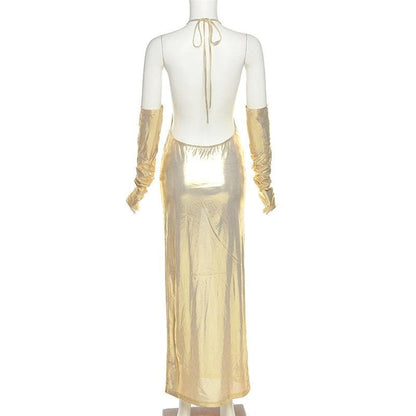 Neckholder-Maxikleid mit V-Ausschnitt und rückenfreien Handschuhen zum Selbstbinden in Metallic