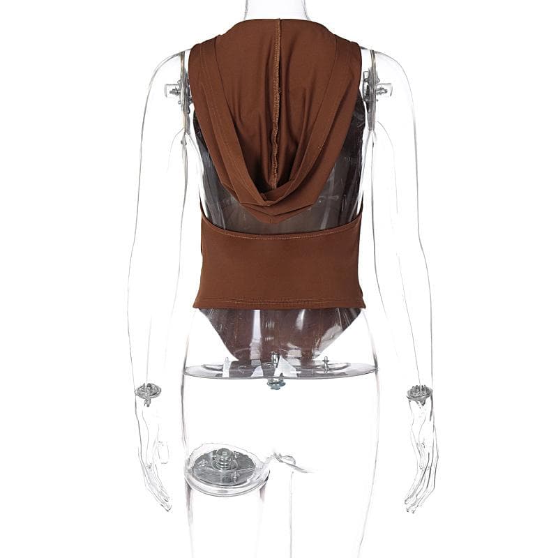 Hoodie sleeveless corset backless cowl neck solid top