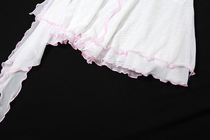 Mesh ruffle irregular u neck backless bowknot patchwork cami mini skirt set