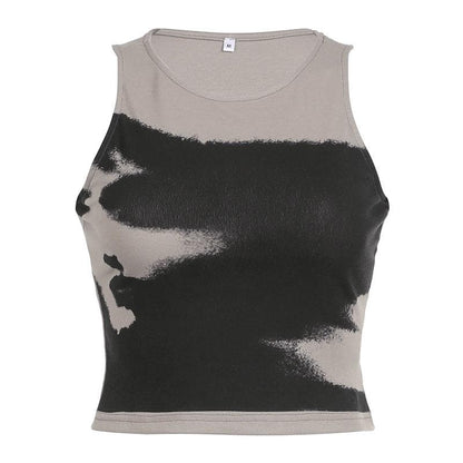 Top corto senza maniche con scollo rotondo e contrasto tie-dye 