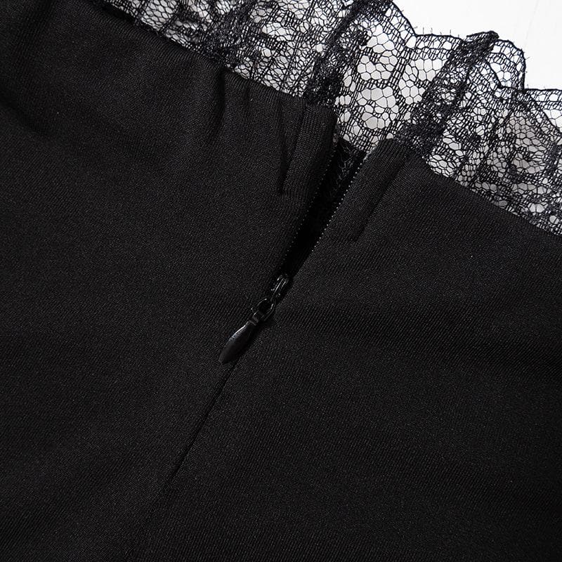 Lace hem zip-up mesh bowknot v neck backless mini skirt set