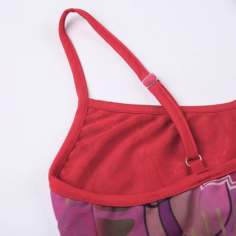 Letter print u neck ruffle mesh patchwork cami top