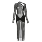 Mesh see through irregular long sleeve hollow out backless solid maxi dress