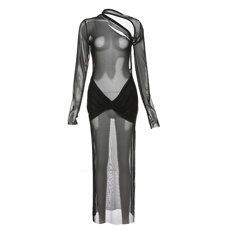 Mesh see through irregular long sleeve hollow out backless solid maxi dress