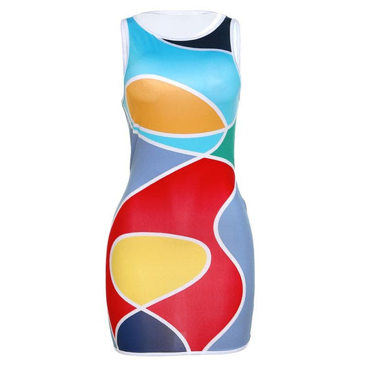 Ärmelloses Minikleid mit Rundhalsausschnitt und Kontrastdruck 