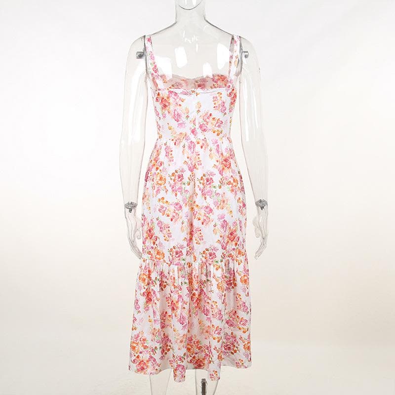 Ärmelloses Midikleid mit gerafftem Blumenprint und Kontrast