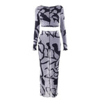 Sheer mesh see through long sleeve stitch contrast maxi skirt set
