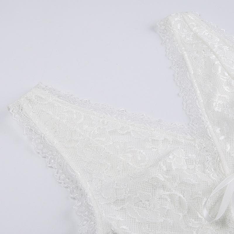 Lace patchwork solid v neck self tie sleeveless top
