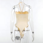 Hollow out flower applique solid ruched halter backless bodysuit