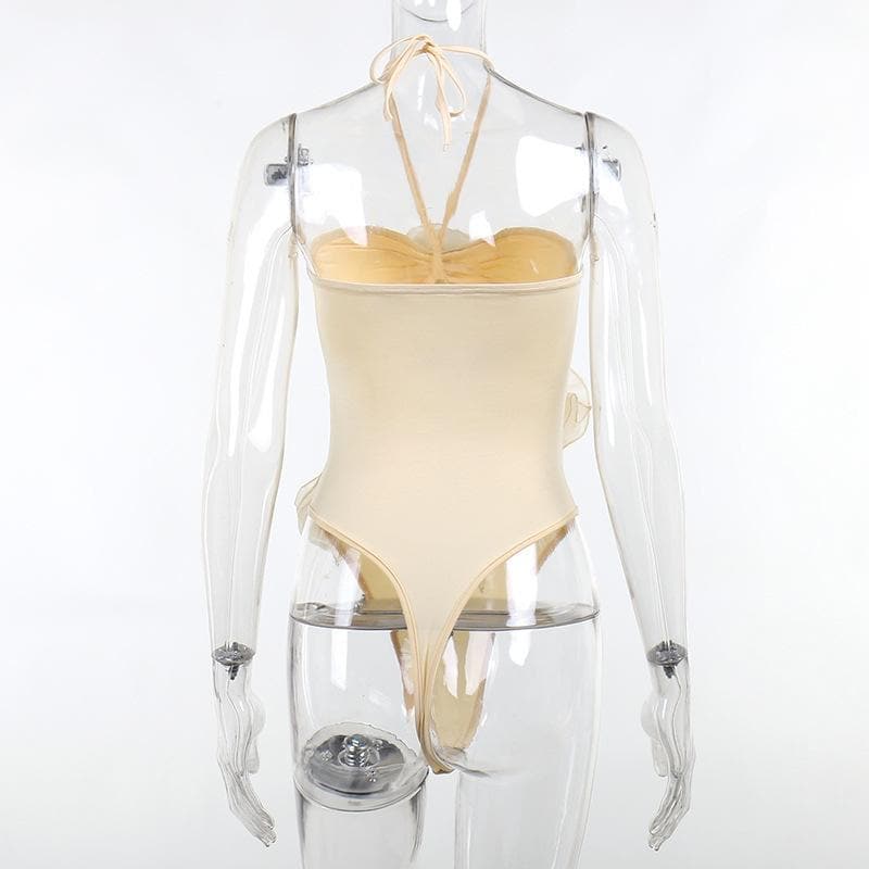 Bodysuit con scollo all'americana, schiena scoperta, arricciato e applicazioni di fiori traforati