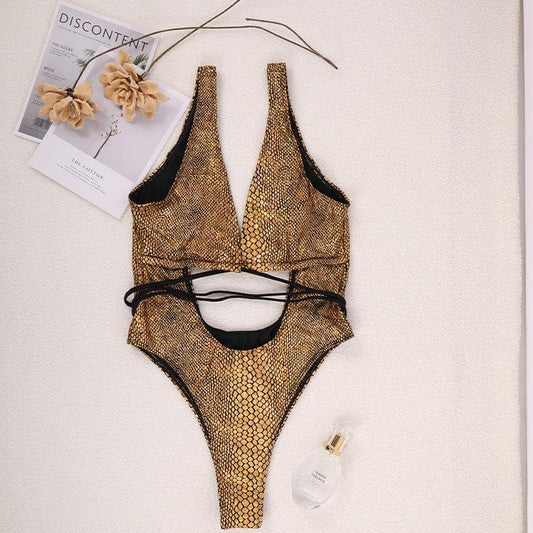 Costume da bagno intero metallizzato con stampa effetto serpente incrociata sul davanti