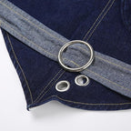Stitch contrast buckle v neck halter lace up backless denim crop top