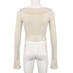 Flared sleeve v neck ruffle buckle ribbed solid crop top