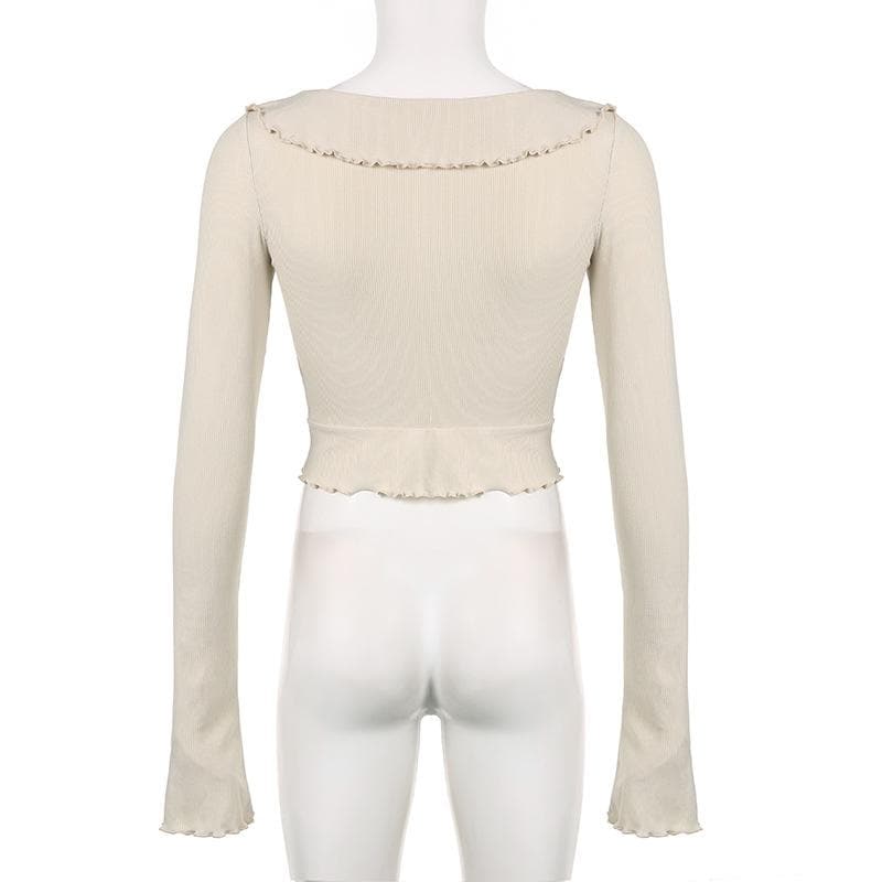 Flared sleeve v neck ruffle buckle ribbed solid crop top