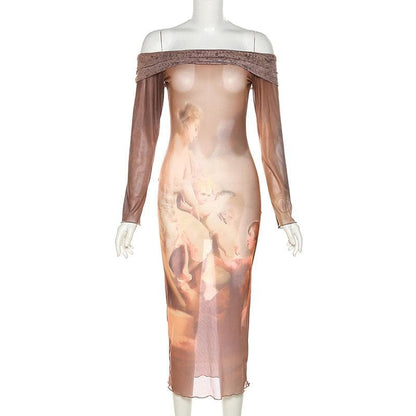 Schulterfreies, langärmliges Midikleid mit abstraktem Print und Kontrast 