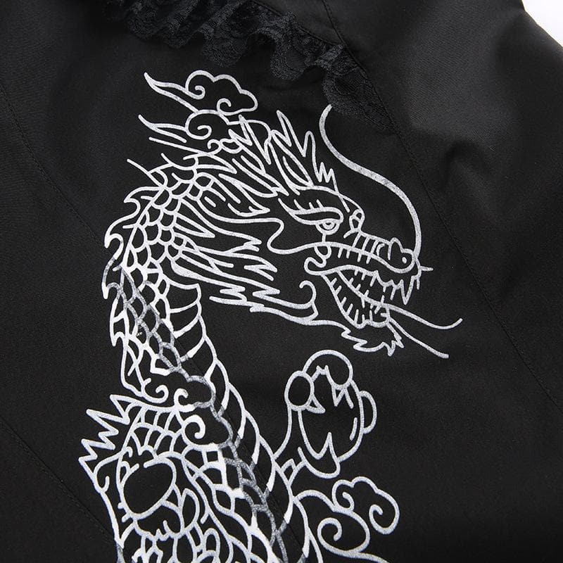 Dragon pattern lace up contrast lace hem maxi skirt