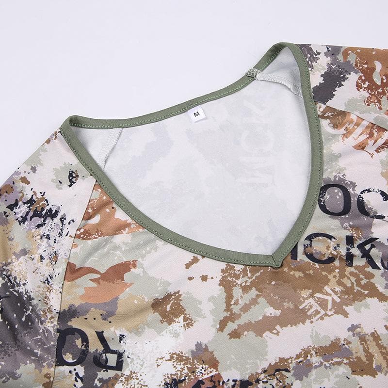 Camouflage v neck short sleeve contrast crop top