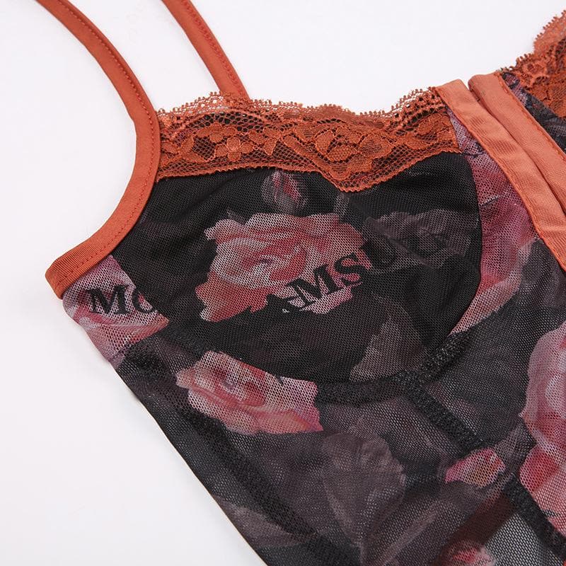 Backless u neck button mesh lace hem flower print cami crop top