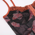 Backless u neck button mesh lace hem flower print cami crop top