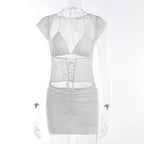 Lace halter cap sleeve ruched corset lace up solid mini skirt set