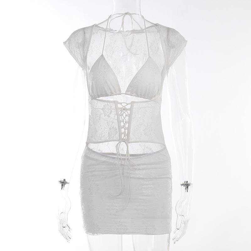 Lace halter cap sleeve ruched corset lace up solid mini skirt set